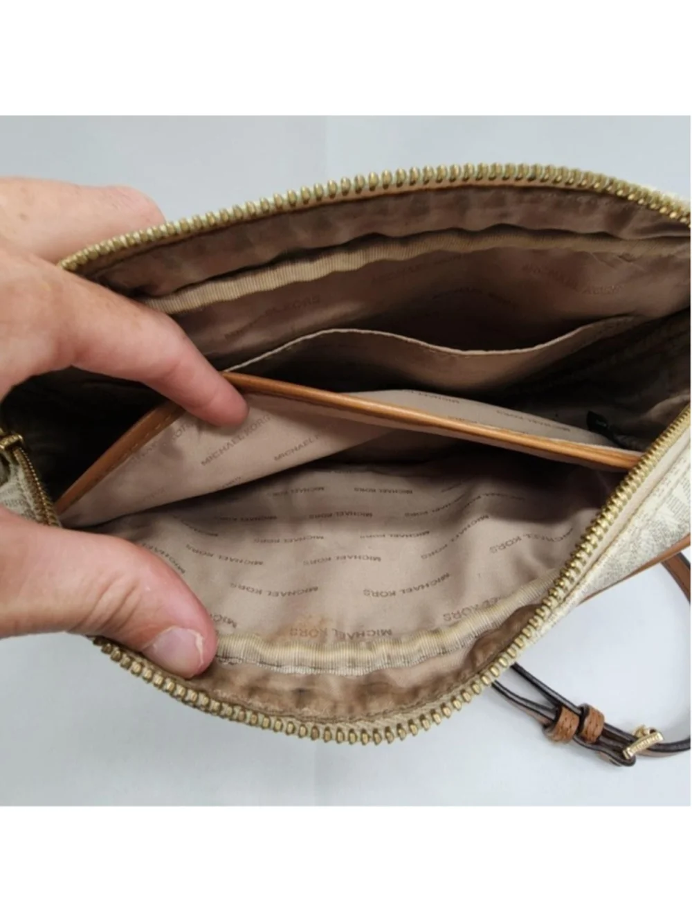 Michael Kors Crossbody Bag Womens Small Beige Logo Canvas Leather Purse Zip